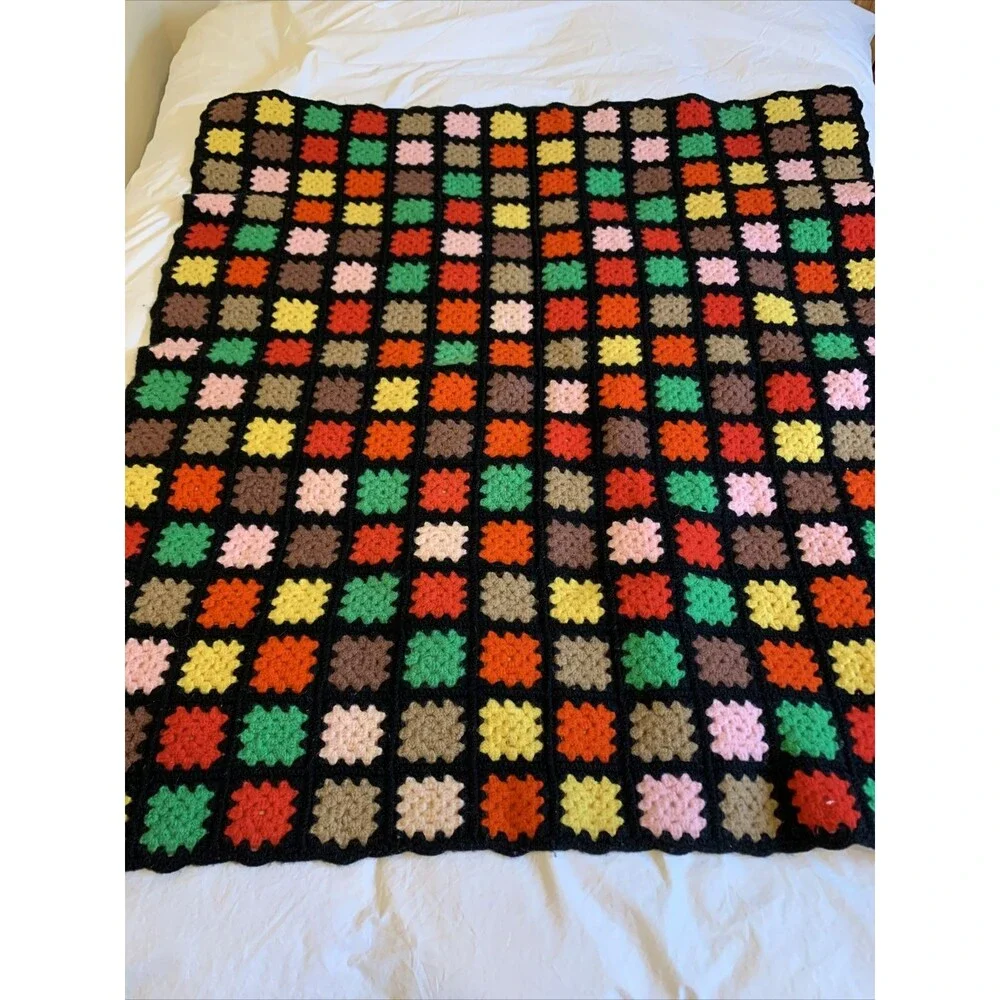 Vintage Granny Handmade Crochet Wool Afghan Square Roseanne Big Bang 48” X 48”